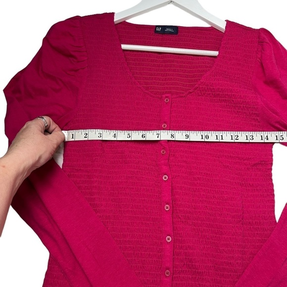 GAP Women Button Front Top Sz S Tall Hot Pink Smocked Button DownLong Sleeve NWT - Picture 9 of 11